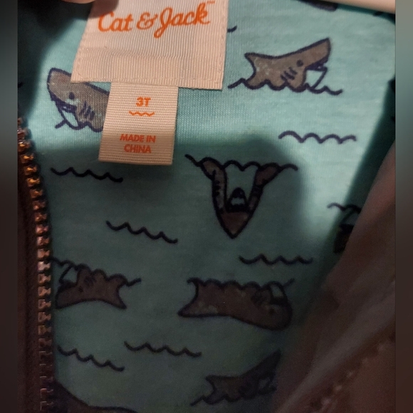 Cat And Jack Boys Shark Rain Jacket Coat Toddler Size 3T Grey Full Zip Hood - Picture 4 of 6